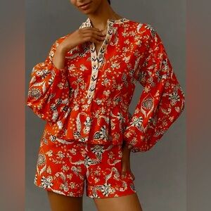 FARM Rio x Anthropologie Long-Sleeve Romper, Red-Orange, Floral, Women’s Large